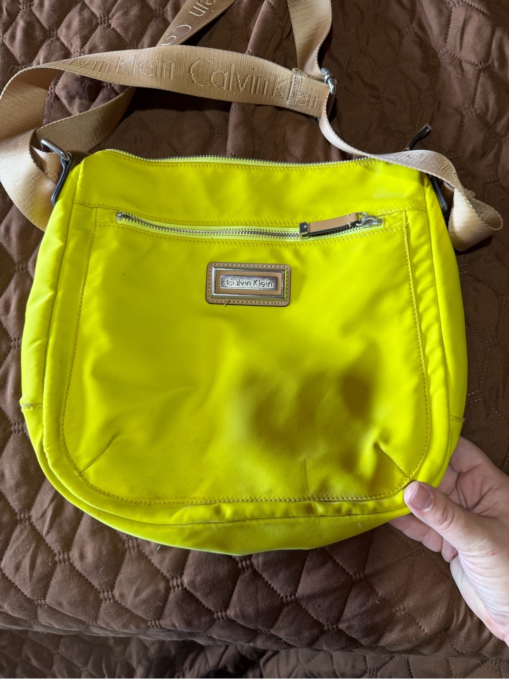 Calvin Klein Neon Yellow Crossbody Bag with Beige Strap